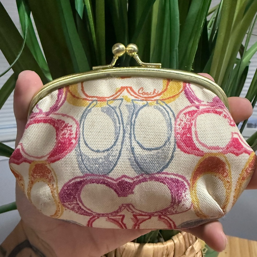 Coach Y2K Vintage Multicolor Canvas Kiss-Lock Coin Purse — Pink, Yellow, Blue